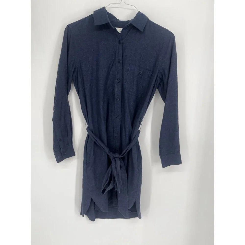 Grana Italian Flannel Button down long sleeve shirt dress w/ tie Belt Blue Small
